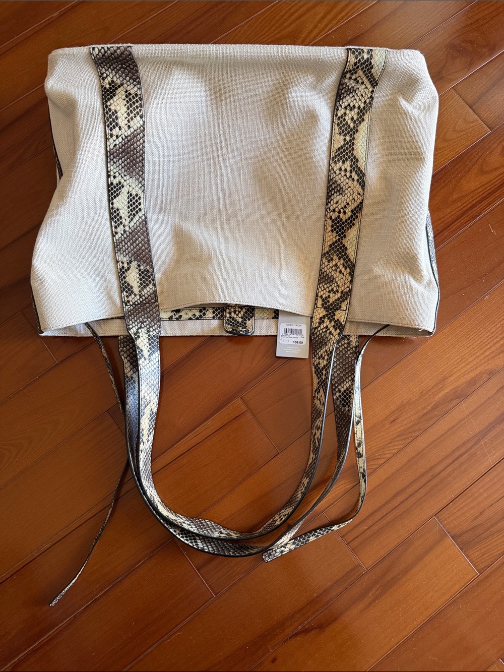 Nordstrom Beige Canvas Tote with Snake-Print Trim